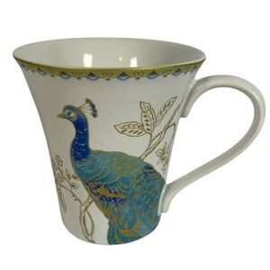 222 Fifth Peacock Garden Porcelain Coffee Mug Blue Gold Bird Floral Cup